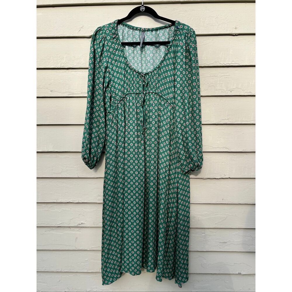 Anthropologie Adelaide Tie Front Midi Dress Green Boho Cottagecore Balloon Sleev - Picture 4 of 12